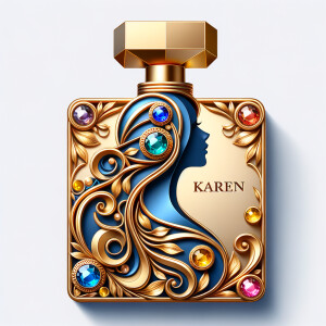 Create a 3-D realistic gold and blue, colorful jewels perfume b...
