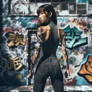 Attractive, Asian teenage girl, long brown hair and bangs, wearing tight skinny jeans and a halter top paint marks on her clothing, backside view heroic pose Asian graffiti