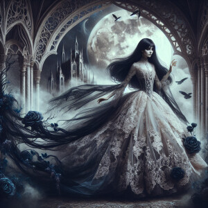 A stunning Corpse Bride, her porcelain skin aglow under a haunti...
