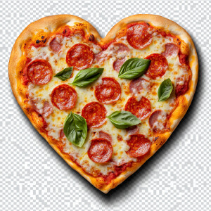 Create an image of a heart-shaped pizza with golden, crispy crus...