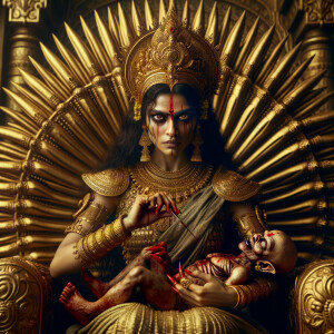 portrait of intense looking indian goddess sitting on a gold cr...
