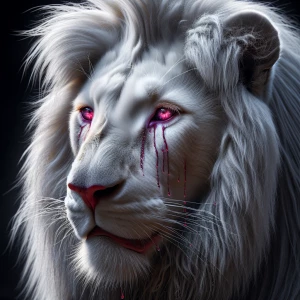 Create an image of an albinotic white lion with striking crimson...