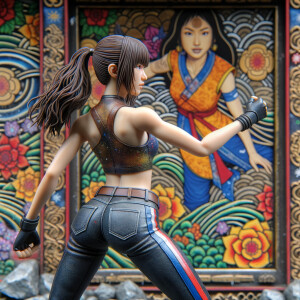 Athletic Thin skinny Attractive, Asian teenage girl, long brown hair and bangs, wearing tight skinny jeans and a halter top paint marks on her clothing, heroic pose Asian graffiti background, backside view