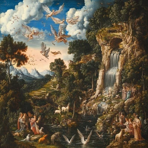 Create an image of a tranquil, celestial landscape in the style...