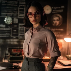 A cinematic close-up of Dahlia Valentina as a Continental Admini...