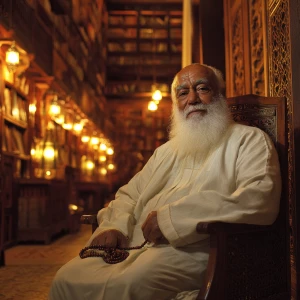 Create an image of an elderly Muslim man with a long white beard...