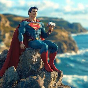 Design a realistic 3D-rendered anime-inspired scene where Superm...