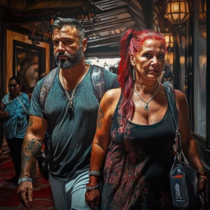 Photorealism,fantasy.A sweaty beefy man walking with his 54 year...