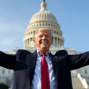 Donald Trump grinning, arms outstretched to his sides, standing...