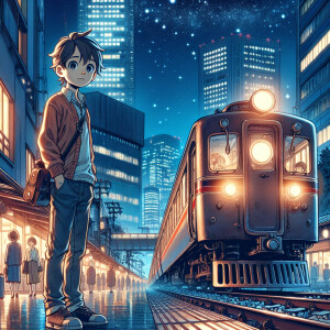 a boy standing in front classic train at night in tokyo