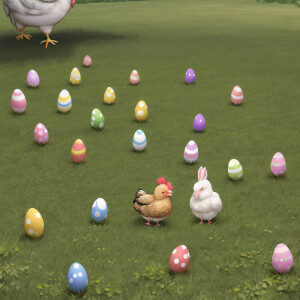 7 chicken baby on the meadow play with Easter eggs