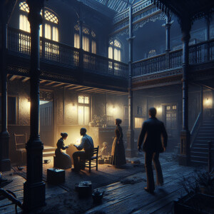Two men and one woman are in a dark old dirty house at night