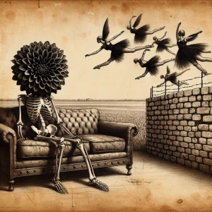 A skeleton with a large black dahlia for a head is sitting on a...
