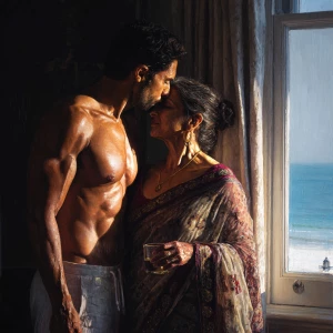 Hyperrealism painting.a muscular sweaty indian man standing in...