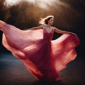 An elegant woman engaged in a ballet-like dance, wearing a long,...