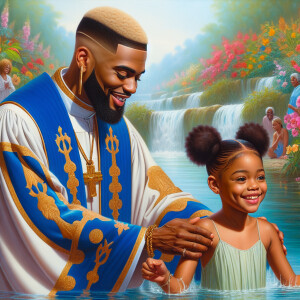 An oil painting of a light-skinned African-American pastor with...