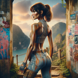 Athletic Thin skinny Attractive, Asian teenage girl, long brown hair and bangs, wearing tight skinny jeans and a halter top paint marks on her clothing, heroic pose Asian graffiti background, backside view