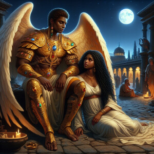 Create an oil painting image featuring a male angel and a grievi...