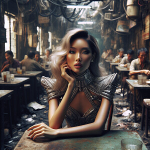 a beautiful modern day women sits in a rundown crowded restauran...