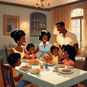 Black Family Having Diner at Dining room table @ sons 2 daughter...
