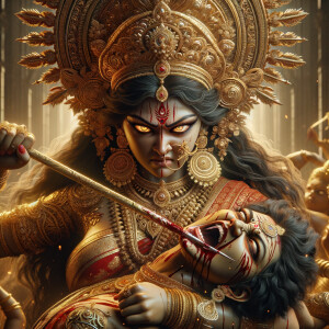 portrait of angry looking goddess durga  carrying a weak mahishasur in her arms and stabbing him with her amazingly designed trident. She is wearing a huge gold crown, red saree, abundant  gold jewelry, covered in blood. The scene is set in ancient India. The image is 8K resolution, cinematic, ultra detailed face and epic.