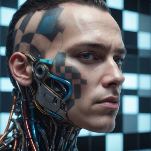 A man's face dissolving into a colorful checkerboard texture, 3D...