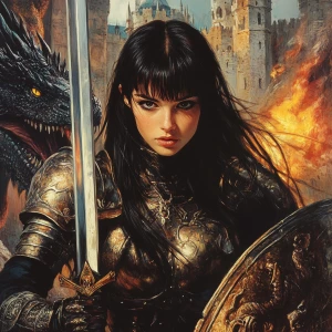 Design an image featuring a stoic female knight in medieval armor, posing in a fighting stance with a sword, facing a fire-breathing dragon with a majestic castle in the background. She has long, straight black hair with bangs, dark expressive eyes emphasized by eyeliner and eyeshadow, and arched, well-defined eyebrows. Her fair to medium skin tone is complemented by a warm, friendly smile with dimpled cheeks, a straight, well-proportioned nose, and full lips. The knight brandishes a shield, defending against the dragon's fiery onslaught, embodying the essence of a brave warrior engaged in battle.