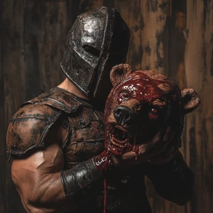 Sinister spartan  is holding a life size grizzly bear doll head...