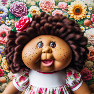 African-American cabbage patch doll with huge dimples, and freckles and flowers in the background