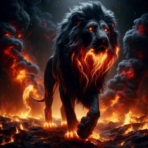 A colossal Black Lion, fur rippling with obsidian-like sheen, ve...