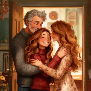 A heartwarming and highly detailed scene of 3 people hugging, a...