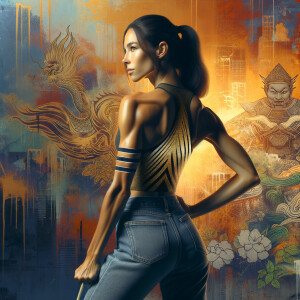 Athletic Thin skinny Attractive, Asian teenage girl, long brown hair and bangs, wearing tight skinny jeans and a halter top paint marks on her clothing, heroic pose Asian graffiti background, backside view