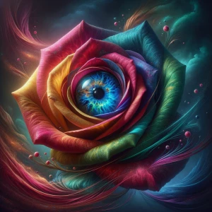 A Multi-colored Rose, the petals shifting hues from deep crimson...