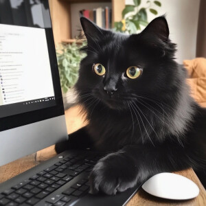 black cat using a pc
