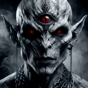 "A menacing, otherworldly humanoid with a third glowing red eye...