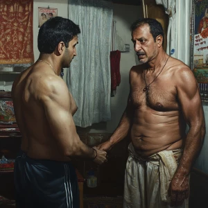 Hyperrealistic painting,A muscular sweaty man talking to his 54...