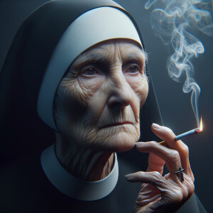 A nun smoking a cigarette