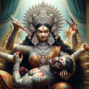 portrait of angry looking goddess durga, sitting on a gold crown...