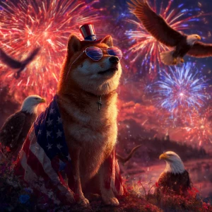 A majestic Shiba Inu (Doge meme) proudly wrapped in an American...