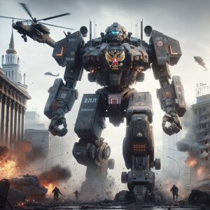 Russia as a transformer character, adorned with Russian national...