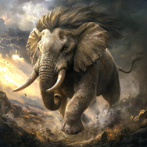 Create an image of an Elephlion, a fierce hybrid with the body o...