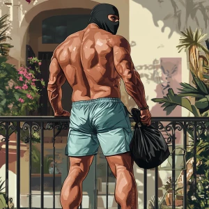 Create an image of a muscular man with a tanned back, wearing li...