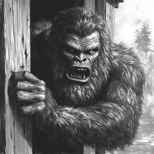 An enraged sasquatch with thick hair, depicted in humanoid featu...