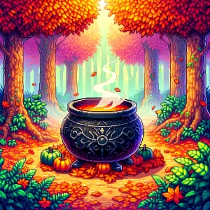 A black iron cauldron sitting among the fallen leaves in a dense...