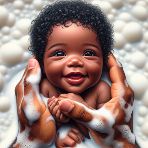 A newborn 3-D realistic, oil, painting African-American baby gir...
