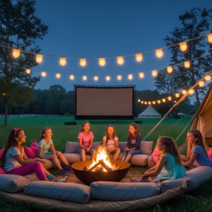 Girls enjoying an upscale glamping sleepover birthday celebration in a scenic field, relaxing in a comfortable lounge setup, gathering around a fire pit for warmth, with a sizable outdoor movie screen prepared for a nighttime film viewing.