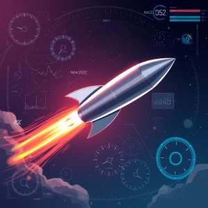 Illustrate a sleek rocket launching into a starry sky for 'Flux...