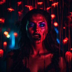 Create an image of a female vampire with piercing glowing eyes,...