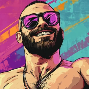 White muscular thin man with beard, big chin, smile and cheekbon...