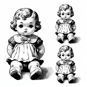 Create a black and white ink drawing of a vintage Kewpie doll fa...